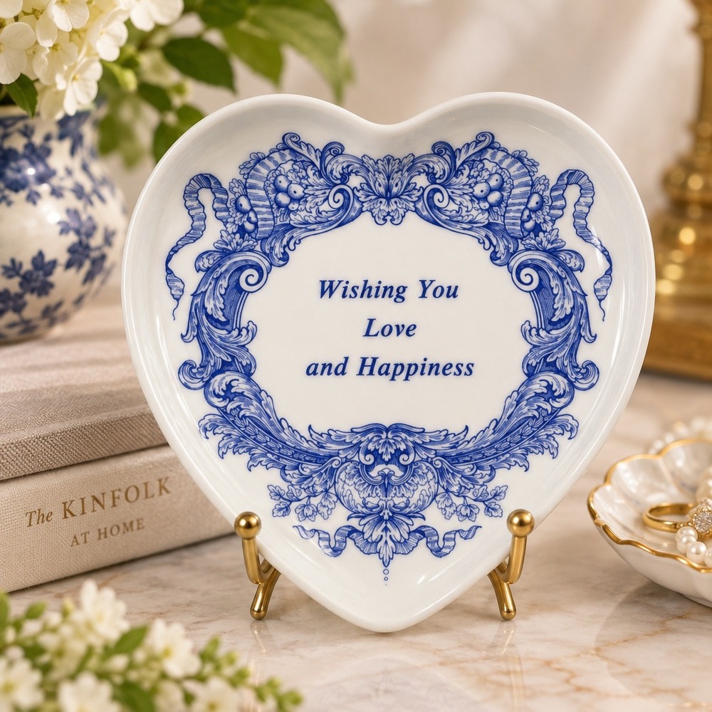 Vintage Spode England Heart Trinket Dish 4" Wishing You Love & Happiness Blue